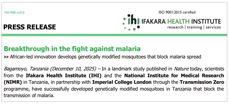 PRESS RELEASE: Breakthrough in the fight against malaria